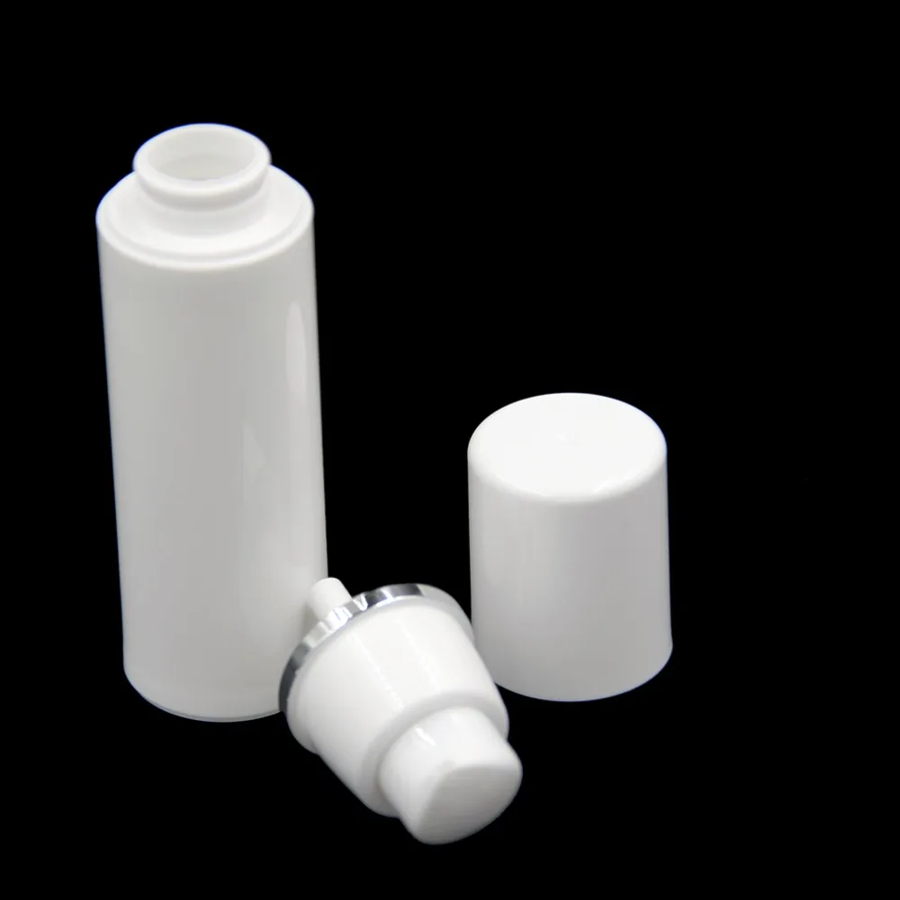 10pcs Pump Bottle Airless Empty Plastic Container White Cosmetic Bottles Cylindrical Refill Tubes Silver Line Cap 15ml 30ml 50ml