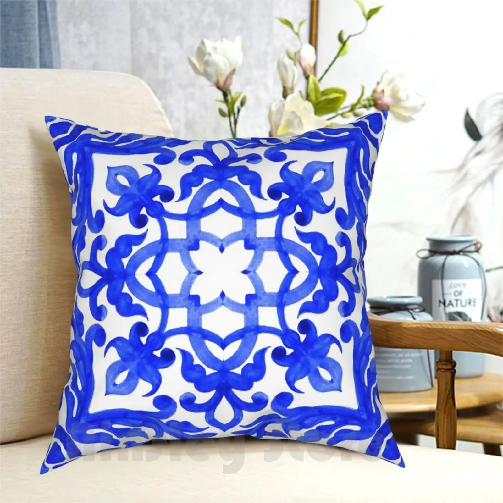 Portuguese Azulejo Tiles. Gorgeous Patterns. Pillow Case Printed Home Soft DIY Pillow cover Tile Blue Pattern Watercolor