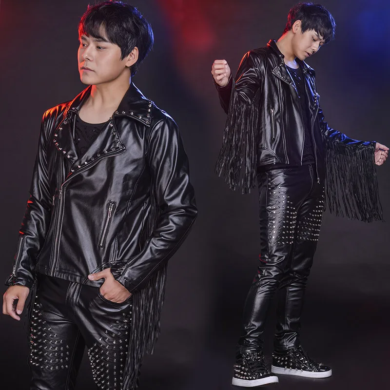 Bar Stage Male Singer Hip Hop Rock Dance Outfit Black PU Leather Tassel Rivet Jacket Coat+Pants 2-Pieces Set Performance Costume