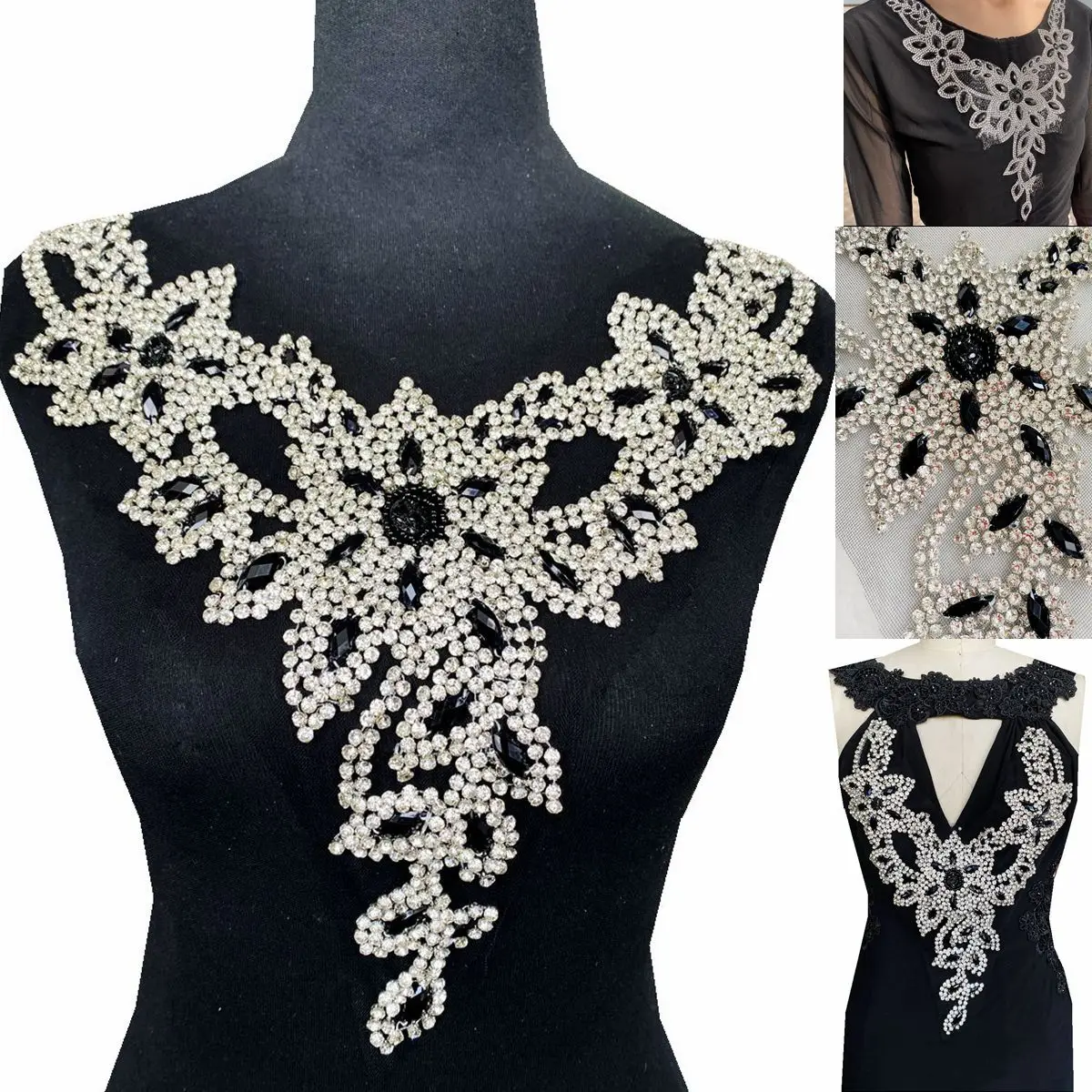 

100% handsewing rhinestones patches on mesh sew on beads stones applique for dress clothes neckline