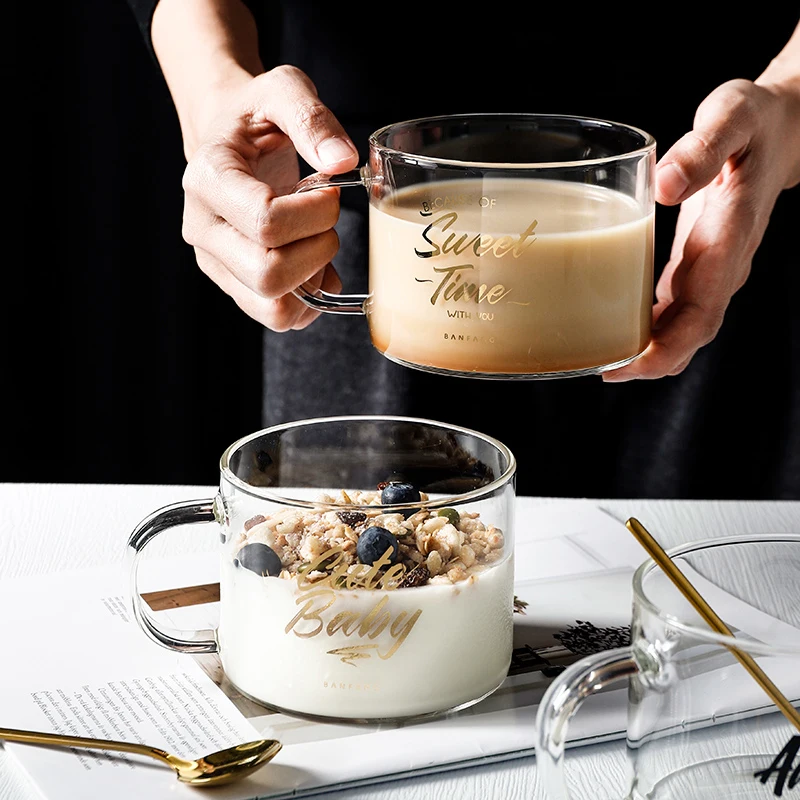 Glass Mug Creative Letter Large Milk Juice Water Coffee Cup With Handle Transparent Mug Dessert Oatmeal Breakfast Cup 500ML