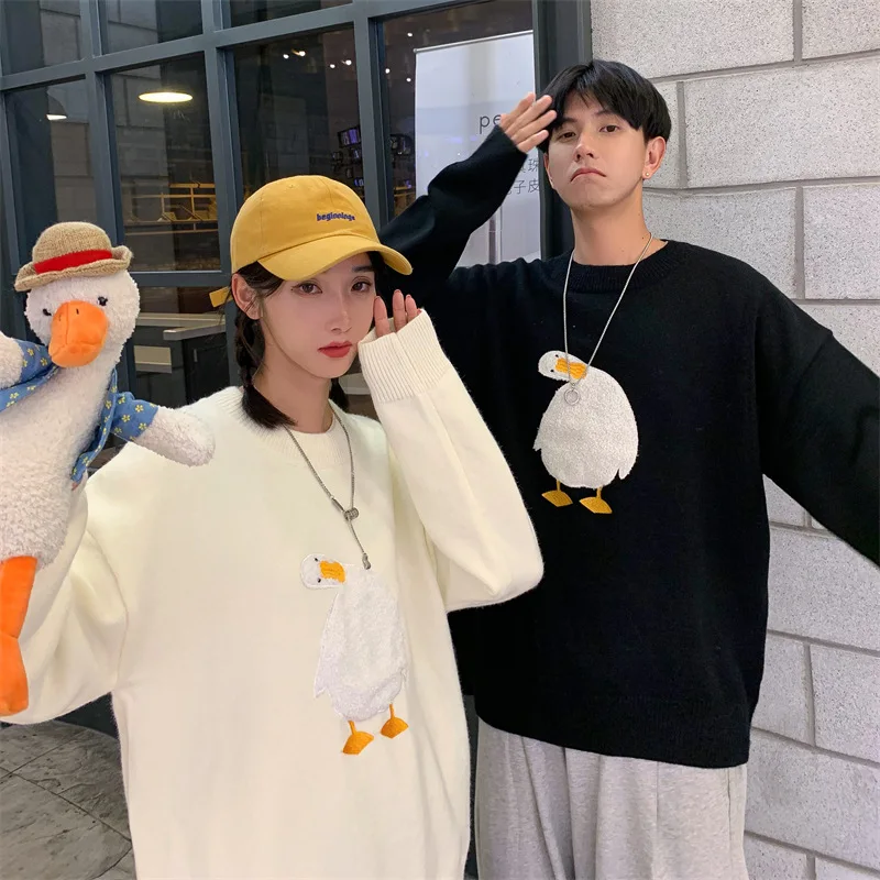 FAVRE Cute Duck Goose Sweater Men Woman Round Neck Cartoon Pullover Sweaters Japanese Style Casual Loose Couple Jumpers Tops