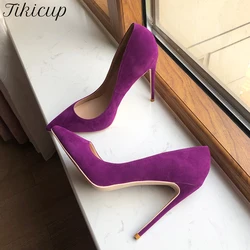 Tikicup 8cm 10cm 12cm Women Solid Purple Flock Pointy Toe High Heels Elegant Ladies Gorgeous Stiletto Pumps Party Dress Shoes