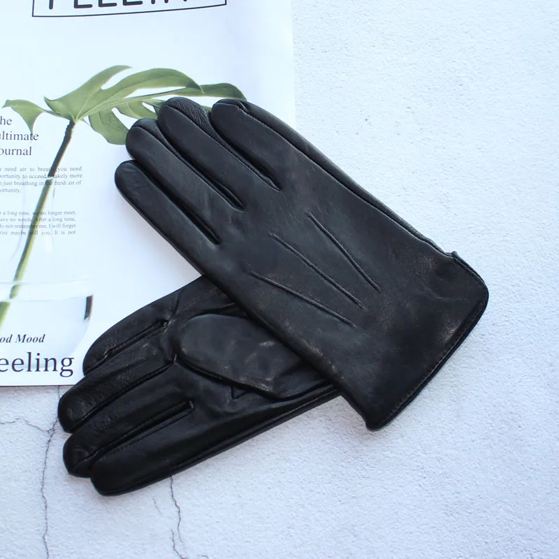 Nuevos guantes de piel de oveja para hombre, forro de terciopelo de cuero de moda, guantes negros elásticos con botón a presión cálidos para otoño e