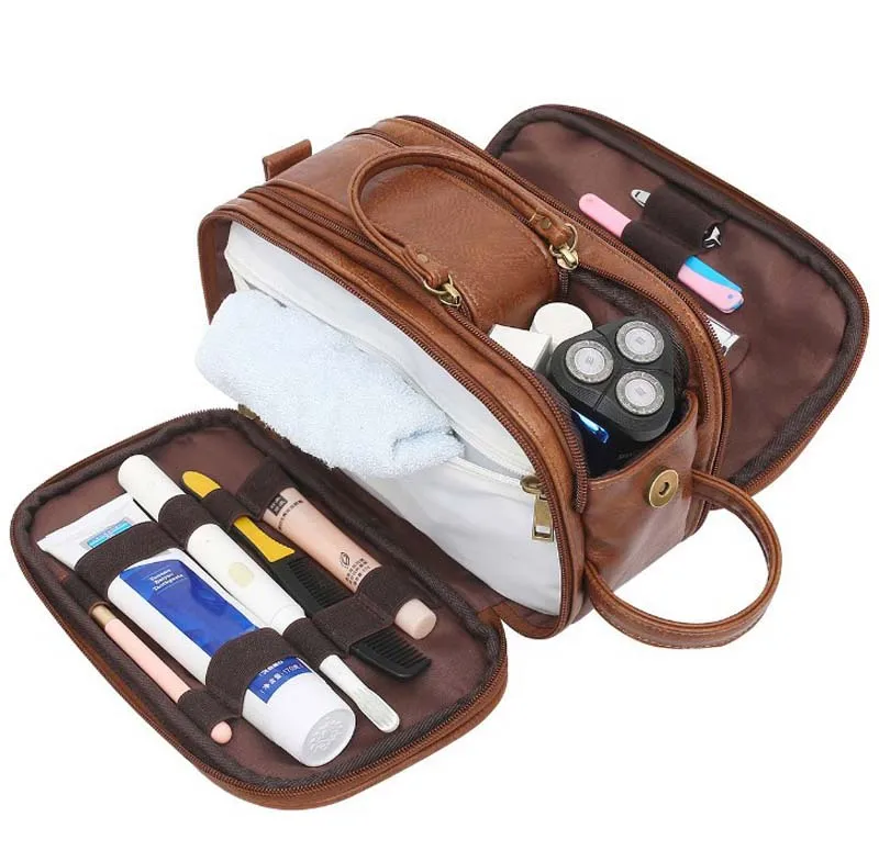 Men Travel Toiletry Bag Shaving Dopp Kit Storage Bag Waterproof Bathroom Toiletries Organizer PU Leather Cosmetic Bags