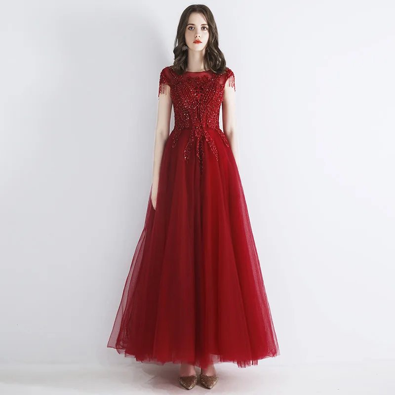 Women Elegant Beading Sequins Long Wedding Party Dress Bride Burgundy A-line Toast Clothing