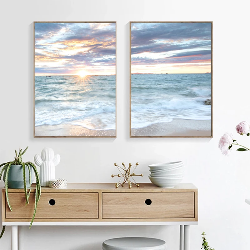 Blue Sea Landscape Sunrise Coastal Canvas Painting Poster Print  Waves and Beach Wall Art Picture Living Room Home Decor Cuadros
