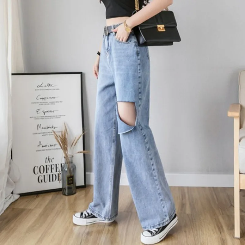 Woman Jeans High Waist Ripped Jeans 2019 Autumn Winter for Clothes Wide Leg Denim Clothing Blue Streetwear Fashion Vintage Pants