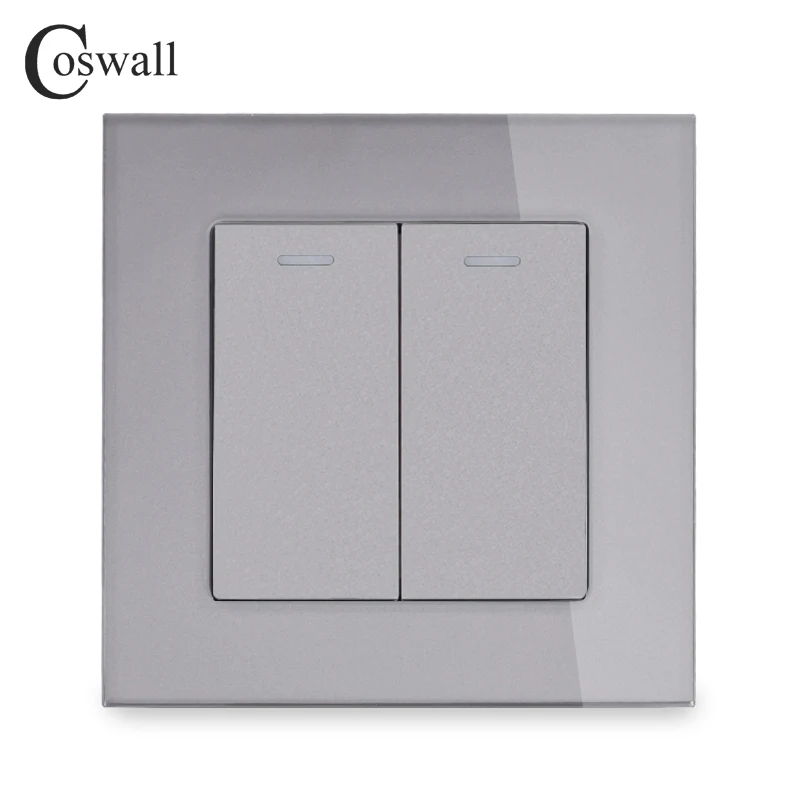 COSWALL 2 Gang 1 Way Crystal Tempered Glass Panel Light Switch On / Off Rocker Wall Switch Interruptor 16A Black White Grey Gold