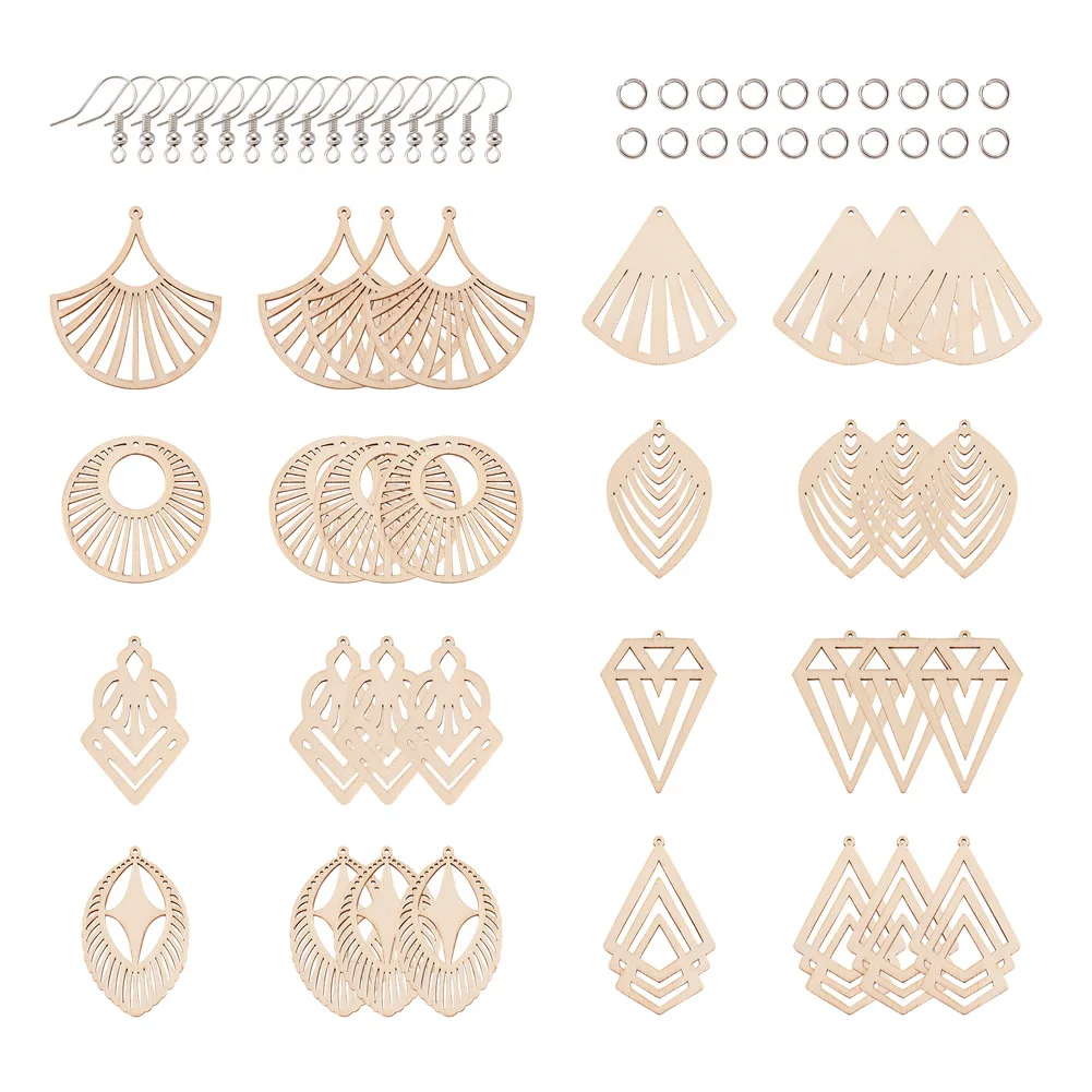 1 Set Unfinished Wooden Earrings Pendants Blank Fan Teardrop Shape Charms with Jump Rings Earring Hooks for Jewelry Making Kits