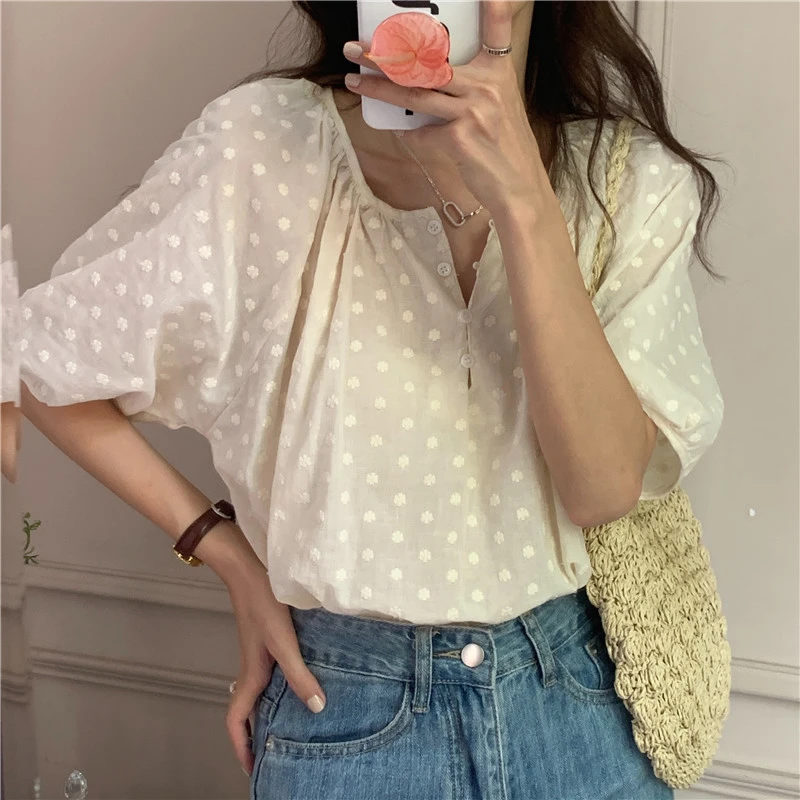 New 2021 Summer Women\'s Blouses Fashionable Sweet Shirts Vintage Embroidery Korean Minimalist Style Wild Lady Short Tops BL9285