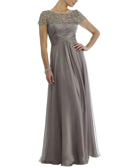 

Gray Mother Of The Bride Dresses A-line Cap Sleeves Chiffon Beaded Plus Size Groom Long Mother Dresses For Wedding