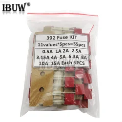 55PCS/Set Square Plastic Fuse Assortment Kit 392 0.5A 1A 2A 2.5A 3.15A 4A 5A 6.3A 8A 10A 15A 250V Fuses Slow Blow Tube Fuse set