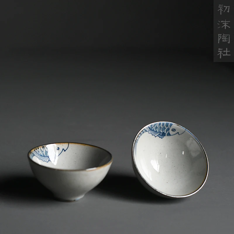 ★beginning of the jingdezhen blue and white hat cup coarse pottery clay ceramic cup half fish single cup sample tea cup