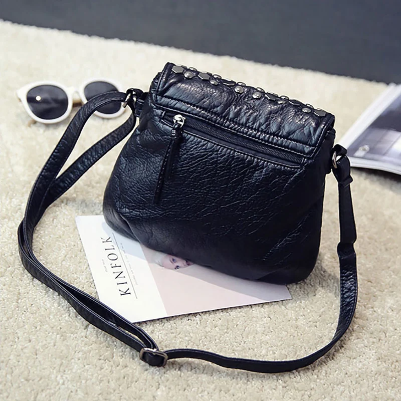 Soft Washing PU Leather Shoulder Bags for Women Black Color Rivet Handbag Crossbody Purse Female Flap Messenger Bags Pack