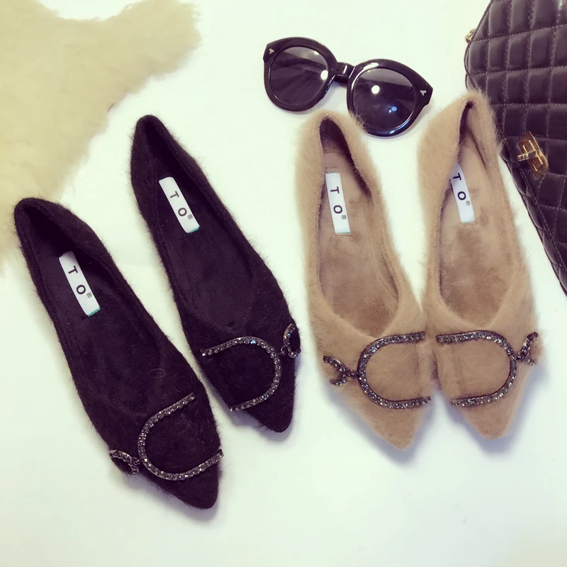 31-45 big size mink fur fur flats female new winter warm shoes woman pointy black furry moccasins plush cotton shoes for women 2