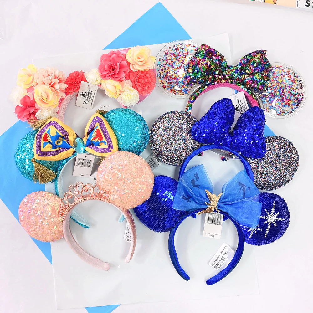 Disney Mickey Minnie Mouse Ears Headband Space mountain Lunar 2024 Minnie Bow Pink Sequins Cartoon Anime Headdress Headband Gif