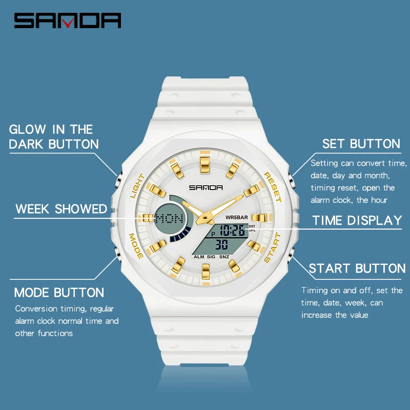 SANDA Men Sports Watch Chronograph Running Second Luminous LED Display Quartz Watches Mens Waterproof Relogio Masculino 6016