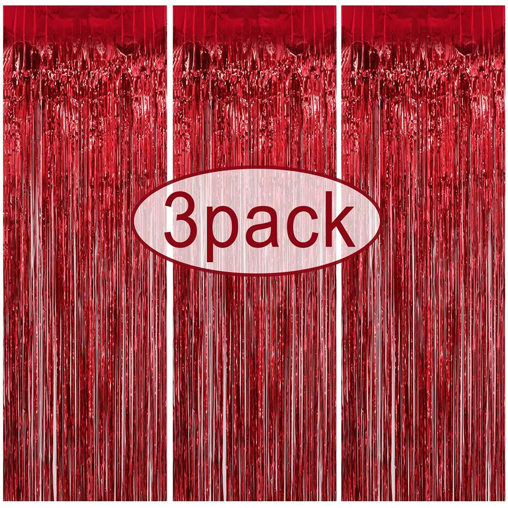 3Pack Valentines Day Party Backdrop Decorative Curtains Bachelorette Party Backdrop Metallic Foil Tinsel Fringe Curtain Christma