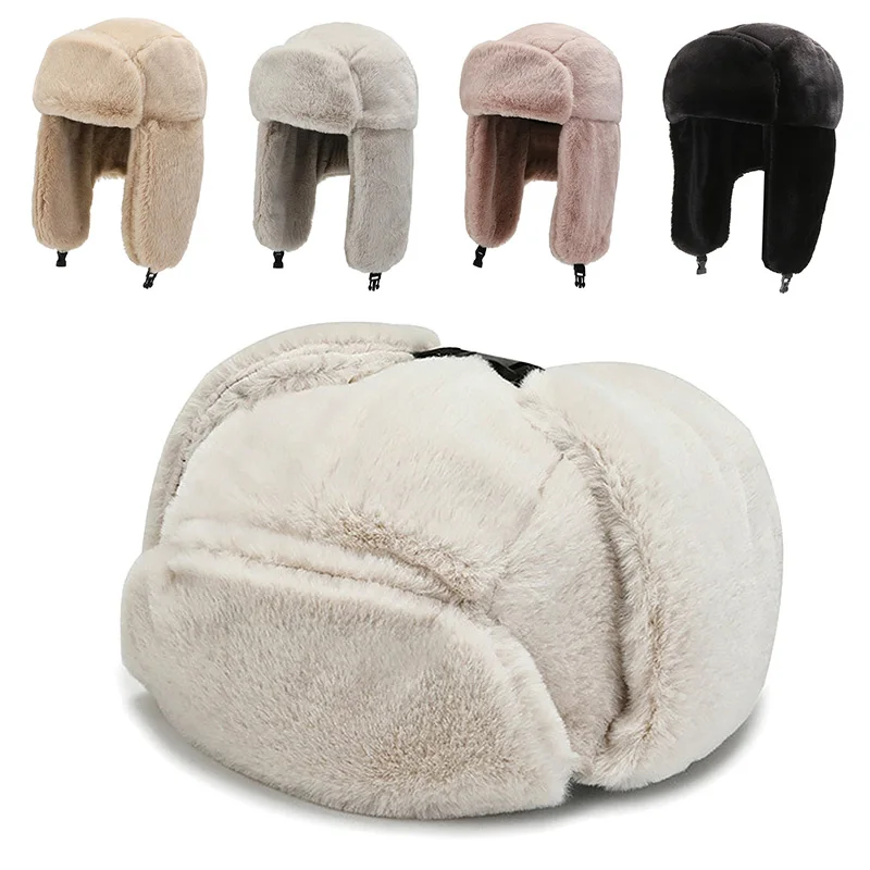 Winter Cycling Ski Hat Warm Earmuffs Thicken Plush  Ear-flapped Hat For Men and Women Faux Fur Windproof Cap Russian Bomber Hat