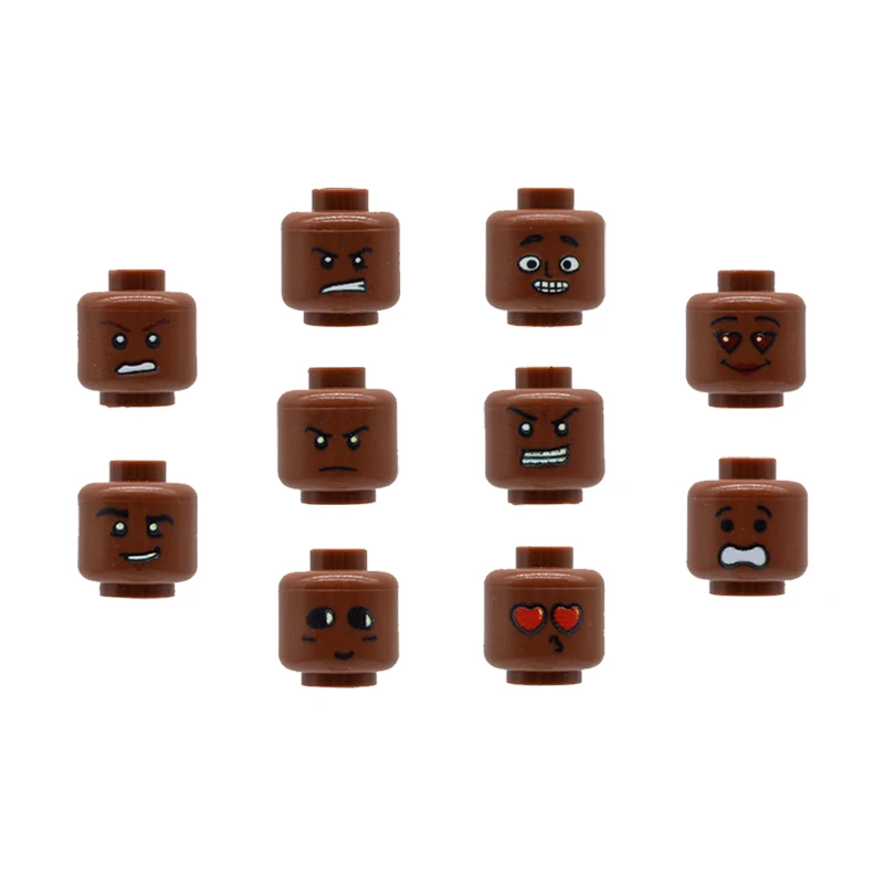 10 Pieces Lot Bricks Head Heads Face Dark Skin for Custom Figures MOC Building Blocks Toys Construction Toy for Children