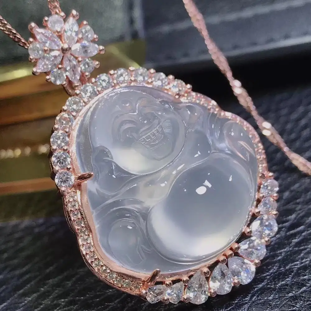 

Natural Buddha jade pendant with 925 sterling silver rose gold pendants necklaces add chain jade jewelry jade necklace diamond