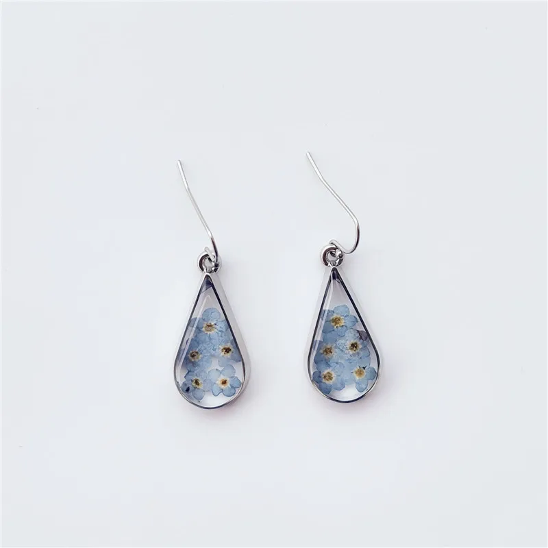 Water Droplet Dried Flower Pendant Do not Forget Me Blue Earring Women Dried Real Flower For Women Earring Resin Earring Jewelry