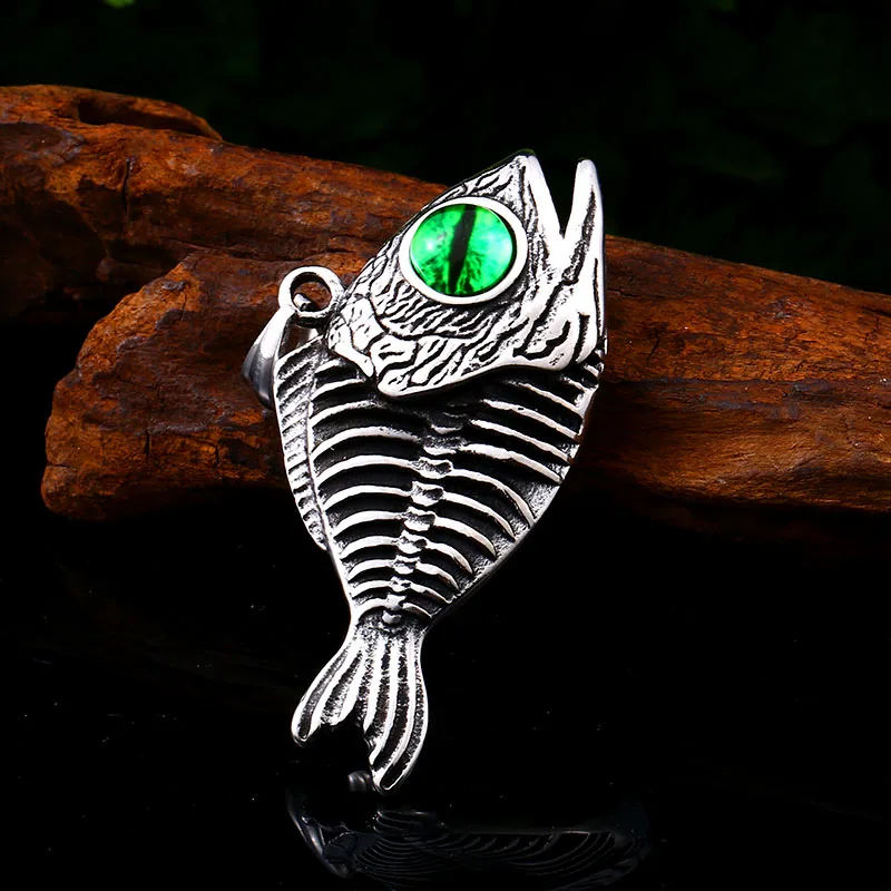 Beier 316L stainless steel Unique 3D Design Fish Bones Green Evil Eyes Men\'s Pendant Punk Animals High Quality Jewelry LLLHP093P