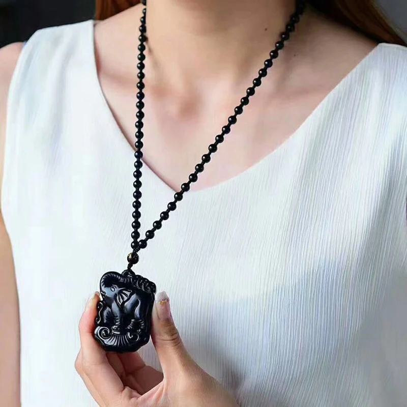 Natural Obsidian Pendants Necklace Mother Baby Cute Elephant Lucky Pendant With Natural Stone Beaded Chains Fashion Woman Man