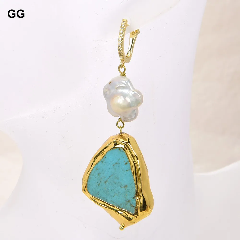 GuaiGuai Jewelry Cultured White Flower Keshi Pearl Blue Turquoise Slice Leverback Earrings