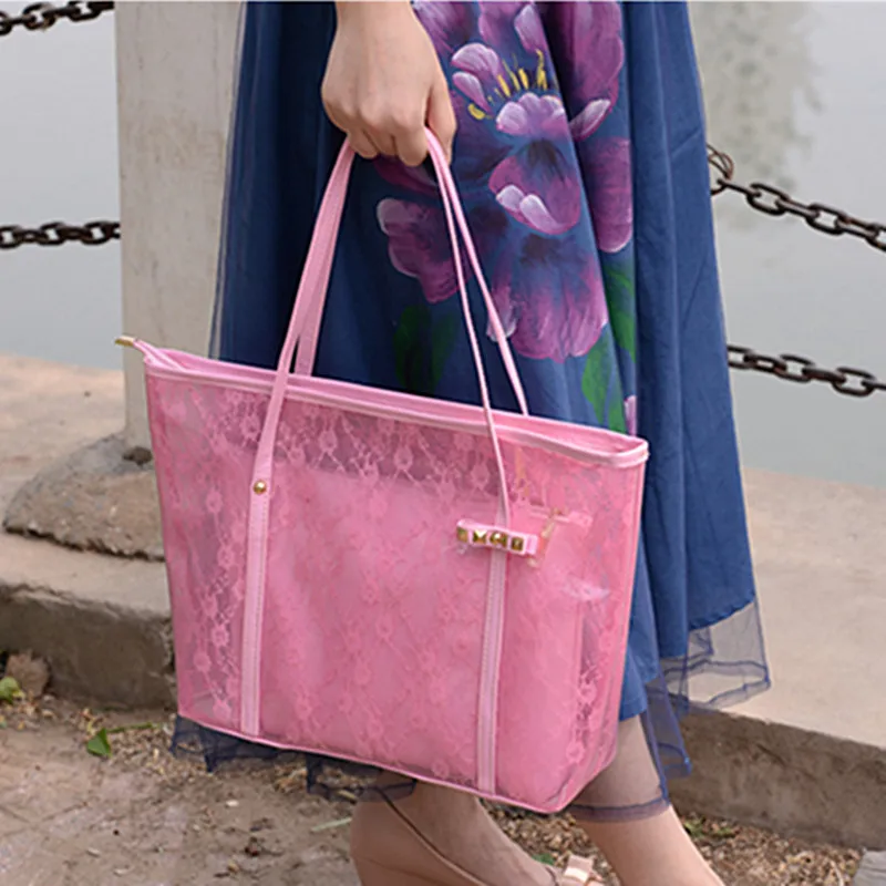 Lace PVC Women Bag Summer Bag Beach Bag Shoulder Bag Fashion Handbag Plastic Clear Bag Big Transparent Bag white pink black