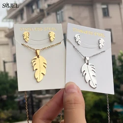 Stainless Steel Feather Necklaces Classic Fashion Bohemian Plant Leaves Earrings Necklaces For Women Jewelry Set Wedding Gifts