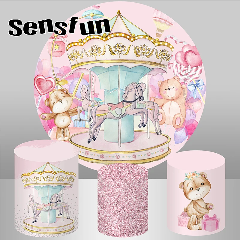 Sensfun Pink Carousel Theme Round Backdrop Cover Bear Balloons Candy Girls Newborn Baby Shower Birthday Background Plinth Covers