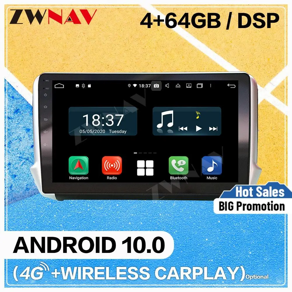 Carplay Android 10.0 screen Car Multimedia DVD Player for Peugeot PG208 2008 2015-2020 WiFi GPS Navi Auto Radio Stereo Head unit