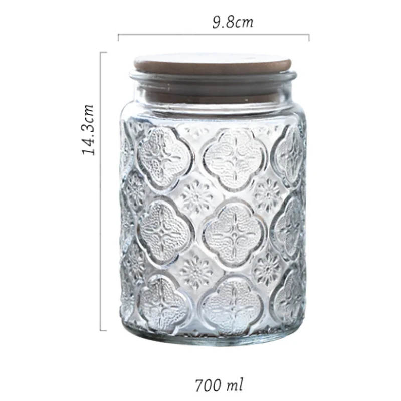 Relief Glass Storage Jar Carved Flower with Wooden Lid Sugar Crystal  Jars Seal Tea Caddy Grain Dispenser Kitchen Supplies