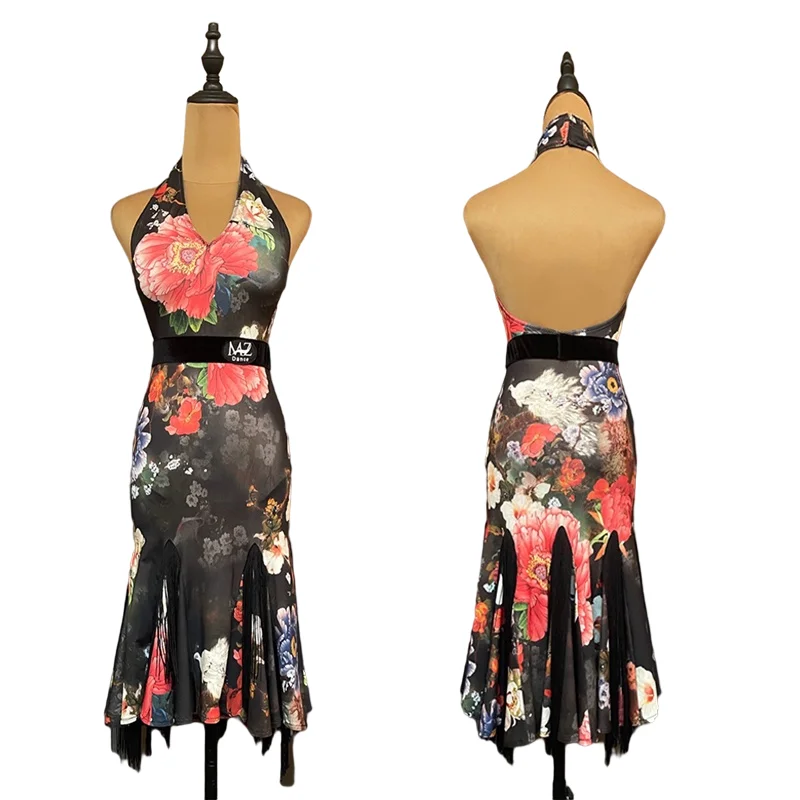 

Sexy Latin Dance Dress Women Salsa Dance Outfit Backless Performance Costume Sexy Rumba Dancewear Floral Tango Dress JL3393