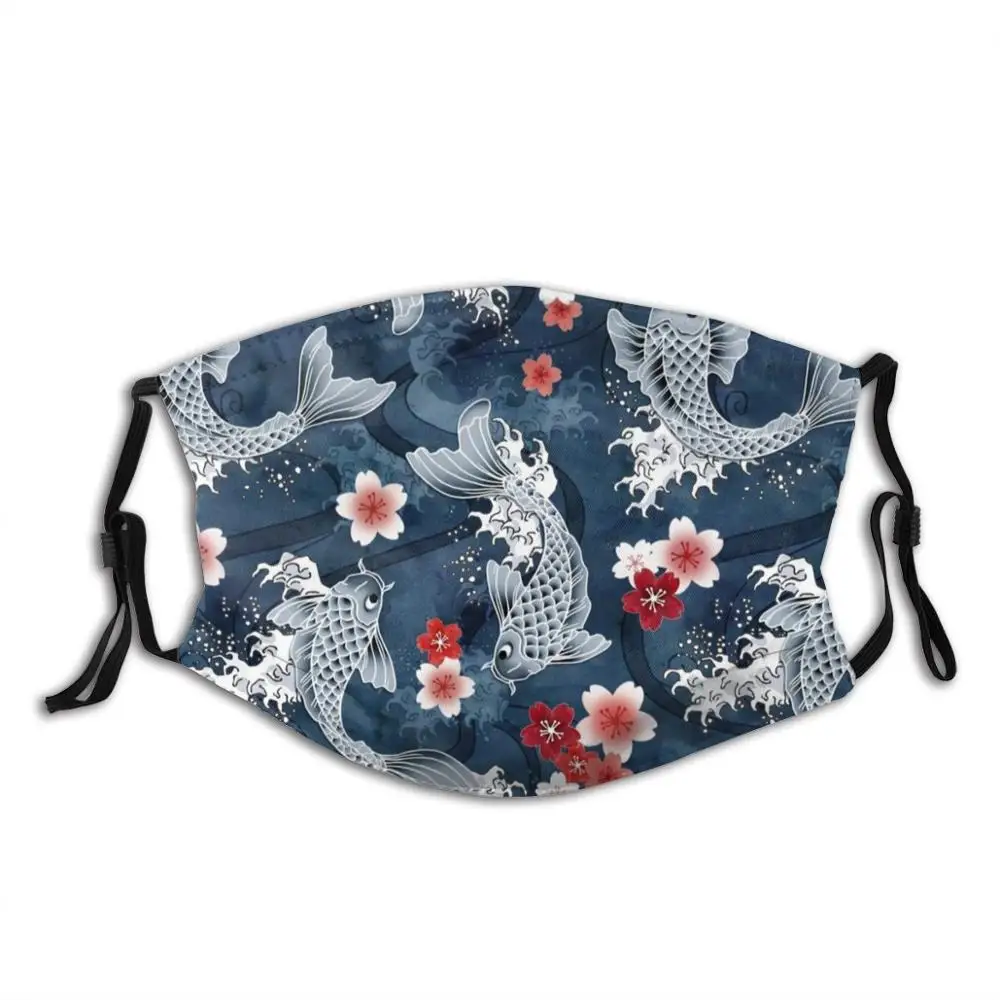 

Koi Sakura Blossom In Blue Funny Print Reusable Pm2.5 Filter Face Mask Adenaj Cherry Blossom Flower Floral Japanese Asian Fish