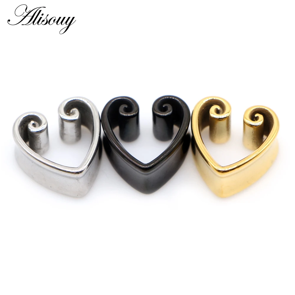 Alisouy 2pcs Stainless Steel Heart Shaped Ear Tunnel Plug Piercing Ring Expander Studs Stretchers Fashion Body Piercing Jewelry