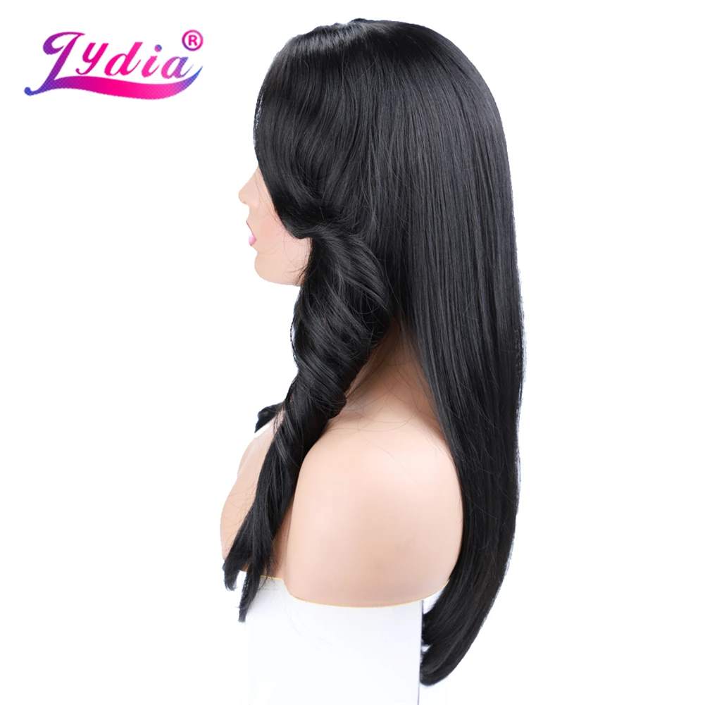 Lydia Long Straight Synthetic Hair Wigs With Curly-Bang For African American Women Black 22 Inch Kanekalon Daily Wig 56cm