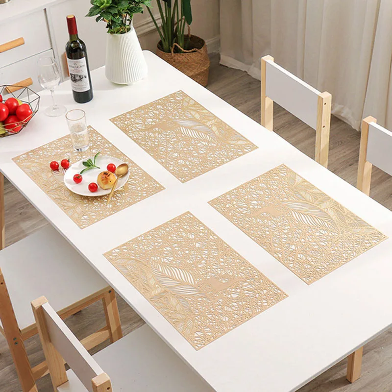 PVC Hollow Heat Insulation Offee Mat Coaster for Dining Table Decor New Style Rectangle Placemat Kitchen Table Mat Gold Color