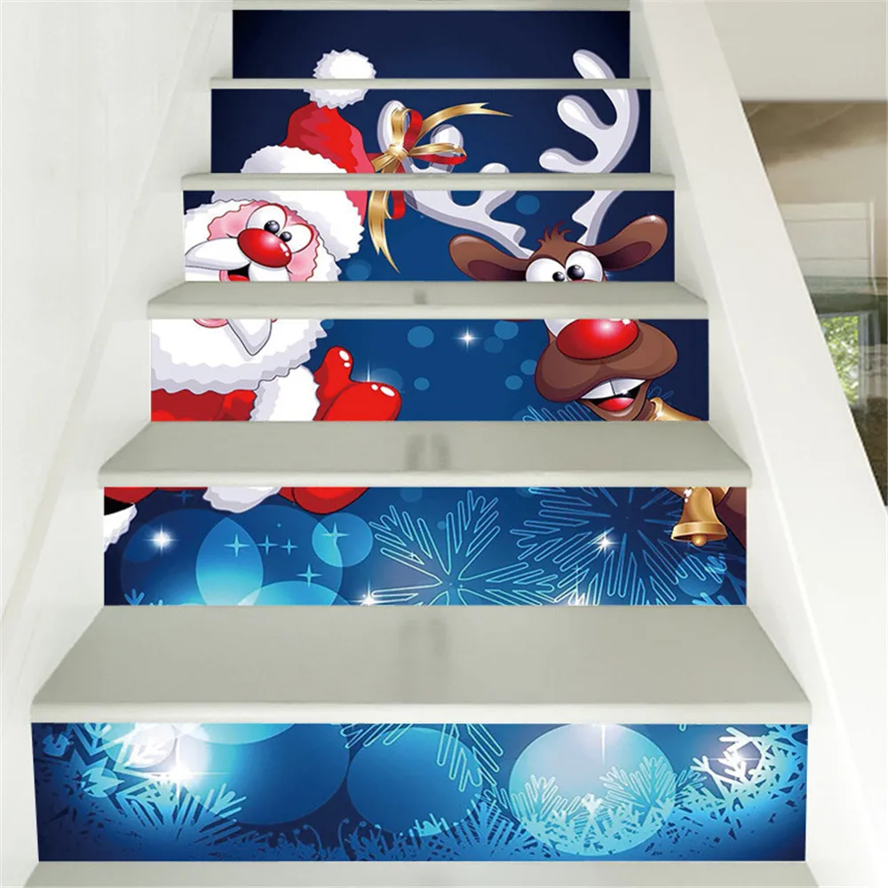 6pcs/13pcs Cartoon Santa Claus Vinyl Stair Stickers DIY Floors Wallpaper Decals Elk Waterproof Staircase Mural Home Decoration