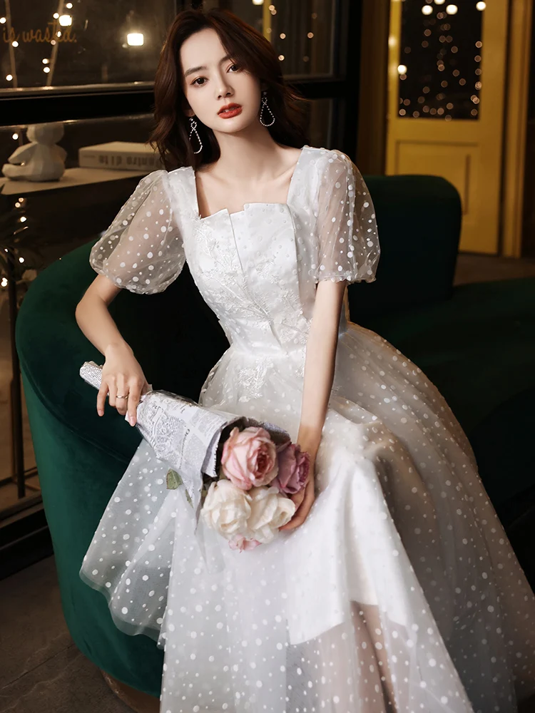

White Birthday Party Gown Women Square Collar Puff Sleeve Appliques Prom Dress A-Line Slim Christmas Banquet Gown