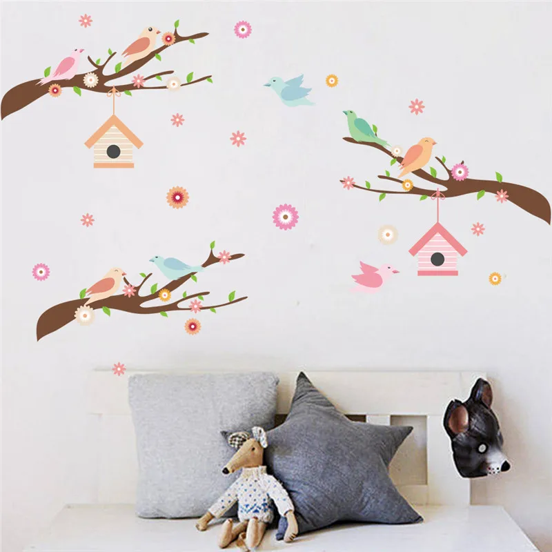 Lovely Bird Singing On Tree Branch Wall Sticker Kids Room Decoration Cartoon Safari Mural Art Home Decals Animal Poster