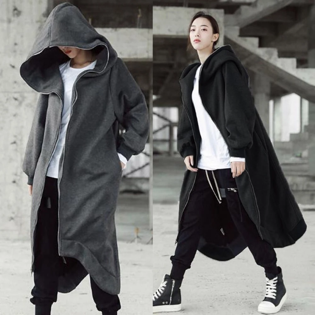 Women Oversized Hooded Long Overcoat Plus Velvet Sweater Outerwear Autumn Winter Solid Zipper Maxi Loose Hoodies Sweatshirt Coat