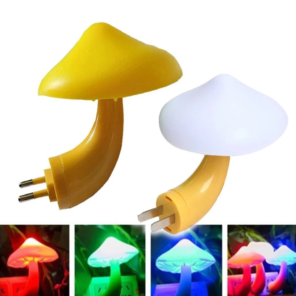 Light Sensor Automatic On-Off LED Night Lights US EU Plug in Mushroom Yellow Pink Blue Green RGB Lamps For Kids Bedroom Decor