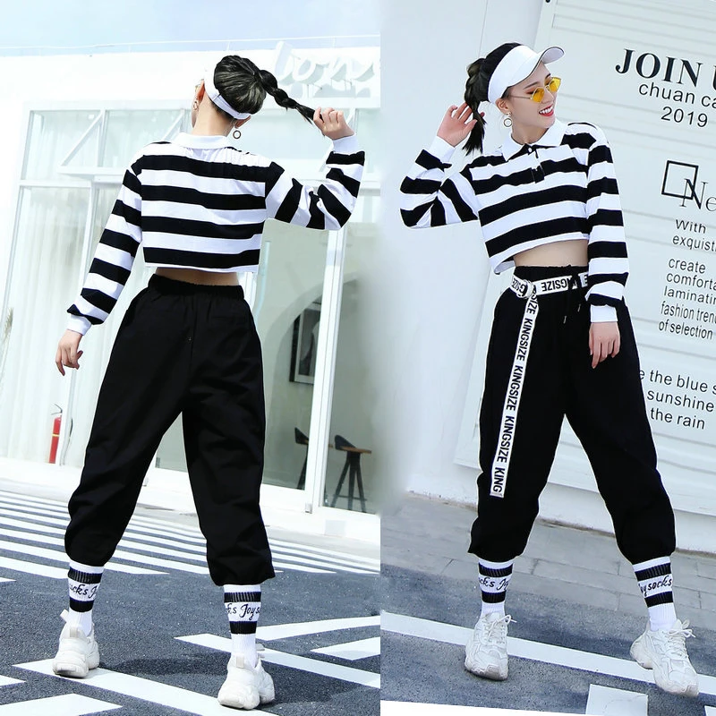 New Modern Dancing Clothes Hip-Hop Dance Clothing Jazz Costume Women Striped Crop Top Black Cargo Pants Street Dancewear XS1750