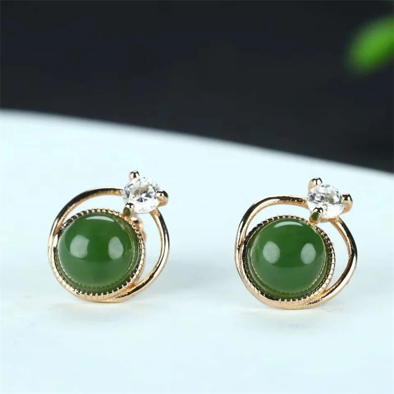 Hot Selling Natural Hand-carved 925silver Gufajin Mosaic Jasper Round Beads Earrings Studs Fashion Jewelry Men Women Luck Gifts