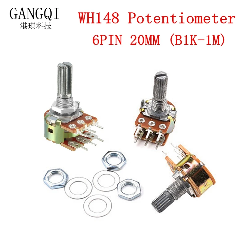 Potenciômetro de 6pin de Wh148, b1k, b5k, b10k, b20k, b50k, b100k, b500k, 1k, 5k, 10k, 20k, 50k, 100k, 500k, 5 peças