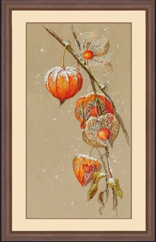 Amishop Counted Cross Stitch Kit, Lantern Flower, Red Flower, Physical Alkekengi, Autumn Ground Cherry, Top Quality, Lovely