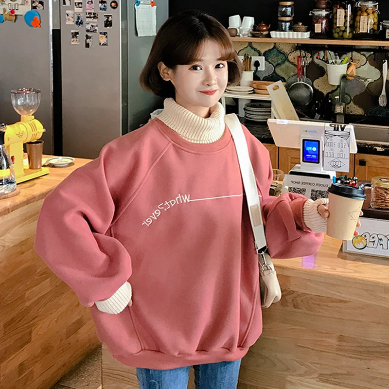 Hoodies Women  All-match Turtleneck Korean Style Casual Thicker Warm Hoodie Womens Loose Harajuku Tops Soft Letter Pullover New